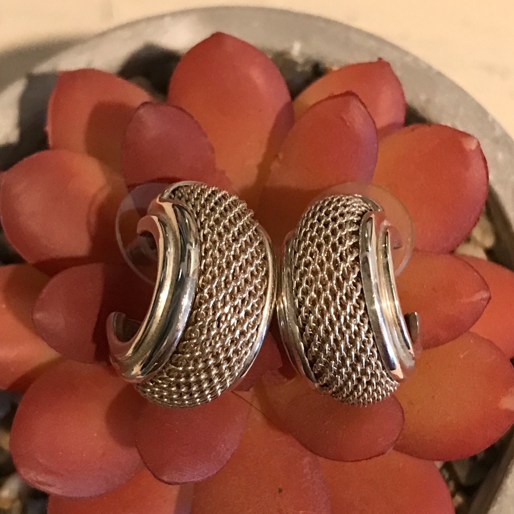 Vintage Joseph Esposito 925 Sterling Silver ESPO Sig Semi Circle Mesh Earrings